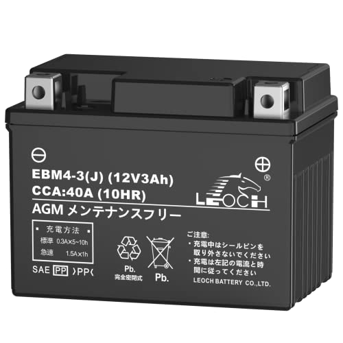 LEOCH EBM4-3(J) 12V 3AH バイク用バッテリー YT4L-BS/CT4L-BS/BM4L-BS/FT4L-BS 互換 液入り充電済 シールド型 メンテナンスフリー AGM ハイパフォーマンス